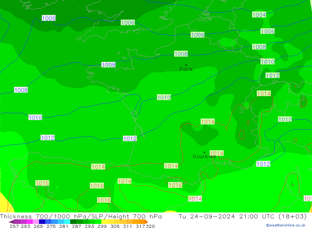 Thck 700-1000 hPa GFS mar 24.09.2024 21 UTC