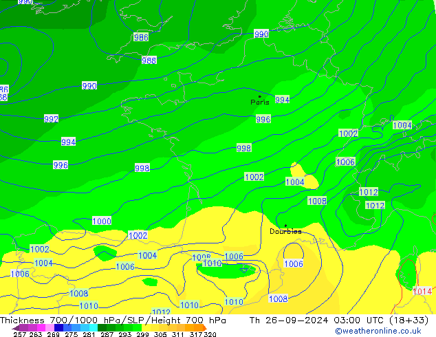 Thck 700-1000 гПа GFS чт 26.09.2024 03 UTC