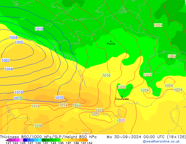 Espesor 850-1000 hPa GFS lun 30.09.2024 00 UTC