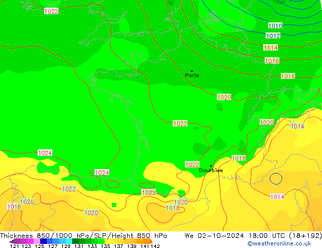 Dikte 850-1000 hPa GFS wo 02.10.2024 18 UTC