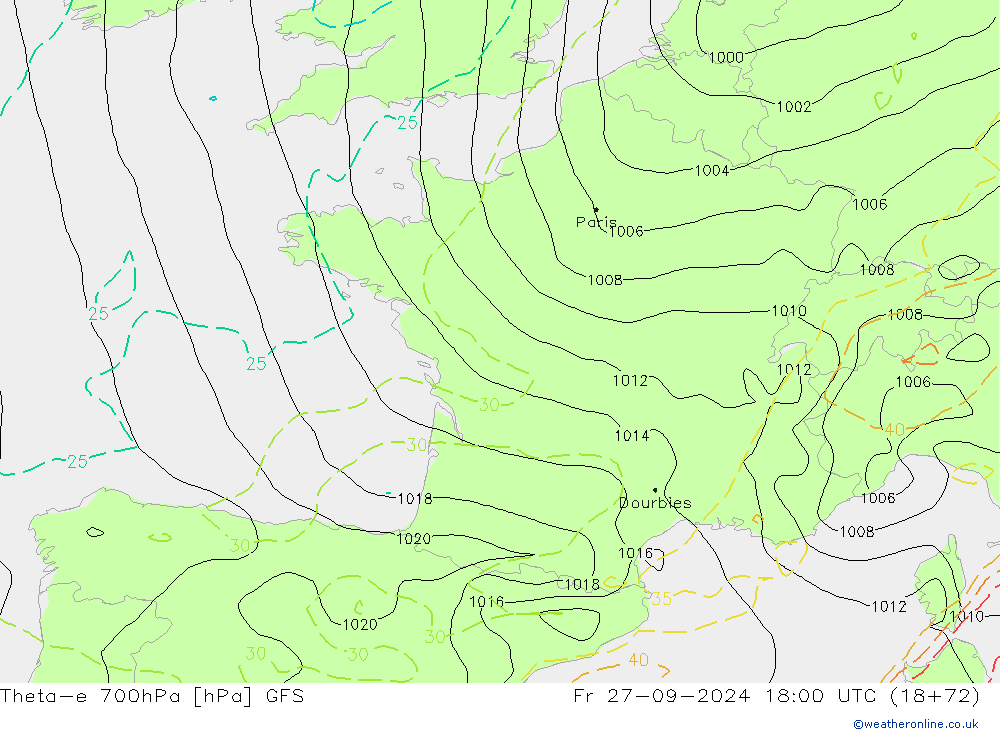 Theta-e 700hPa GFS Cu 27.09.2024 18 UTC