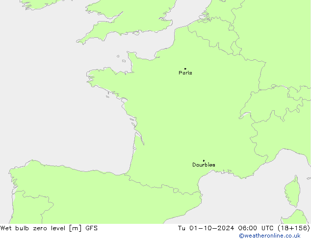 Wet bulb zero level GFS Tu 01.10.2024 06 UTC