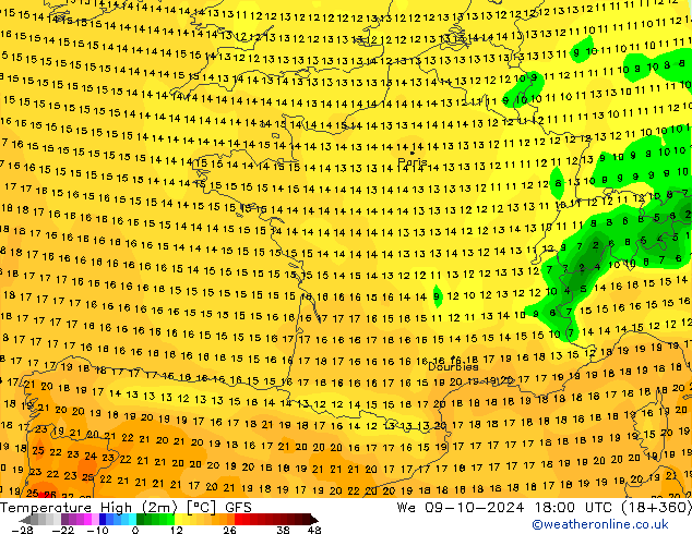 Temp. massima (2m) GFS mer 09.10.2024 18 UTC