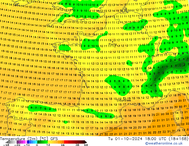 Temperature (2m) GFS Tu 01.10.2024 18 UTC