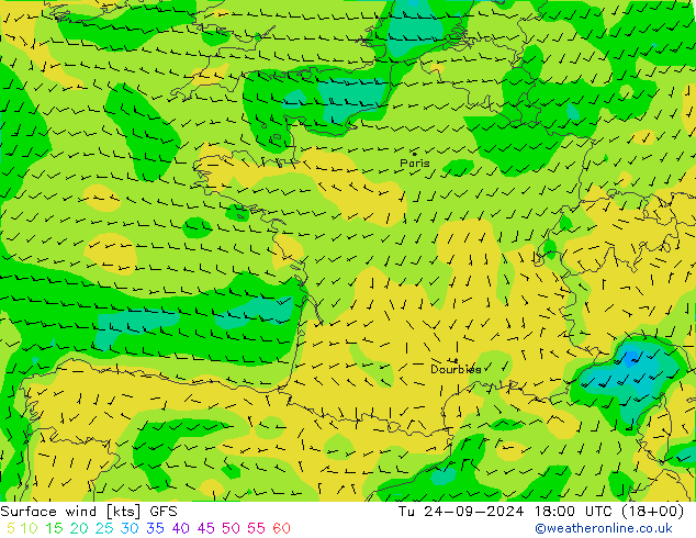 Surface wind GFS Tu 24.09.2024 18 UTC