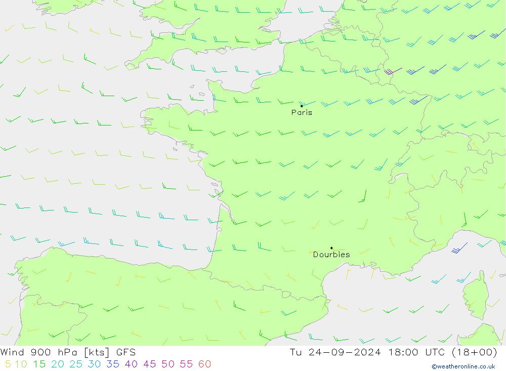 wiatr 900 hPa GFS wto. 24.09.2024 18 UTC