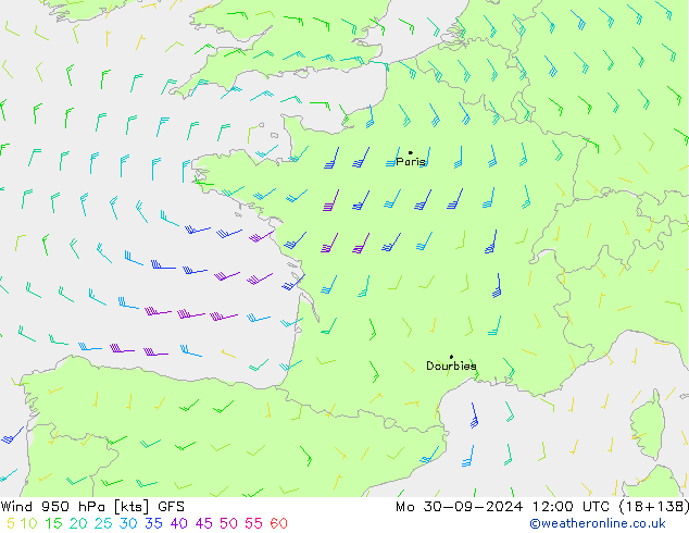 Wind 950 hPa GFS Mo 30.09.2024 12 UTC