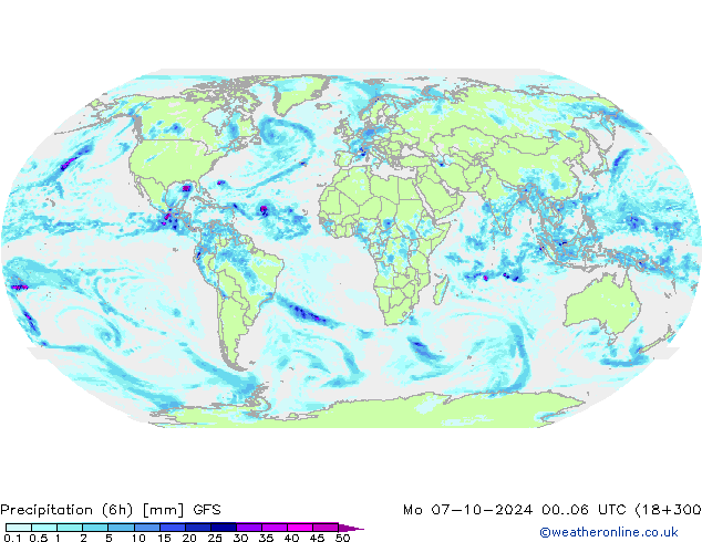 Precipitation (6h) GFS Mo 07.10.2024 06 UTC