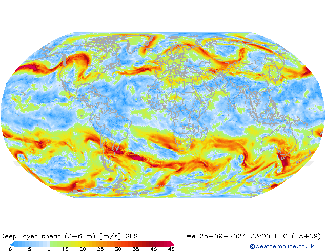 Deep layer shear (0-6km) GFS śro. 25.09.2024 03 UTC