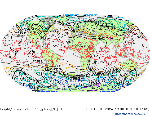 Z500/Rain (+SLP)/Z850 GFS вт 01.10.2024 18 UTC