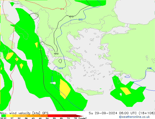 Max. wind velocity GFS Su 29.09.2024 06 UTC