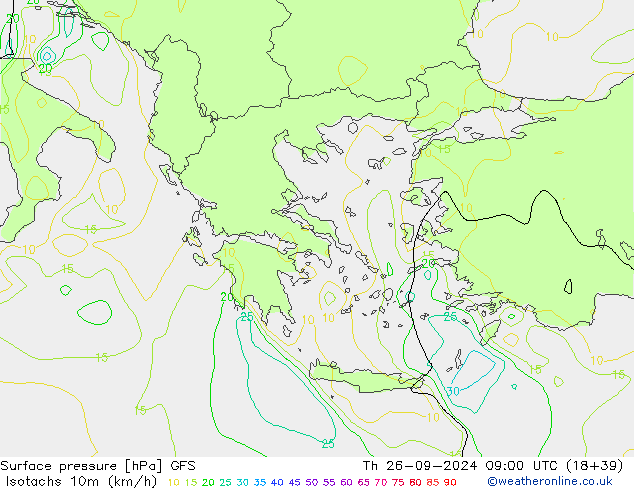 Izotacha (km/godz) GFS czw. 26.09.2024 09 UTC