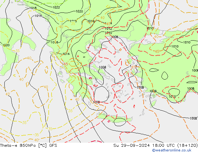 Theta-e 850hPa GFS dom 29.09.2024 18 UTC