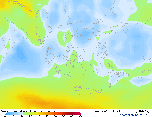 Deep layer shear (0-6km) GFS Tu 24.09.2024 21 UTC