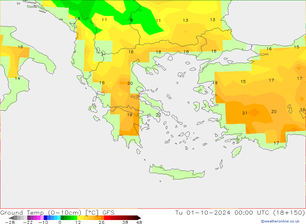 Temp. gruntu (0-10cm) GFS wto. 01.10.2024 00 UTC