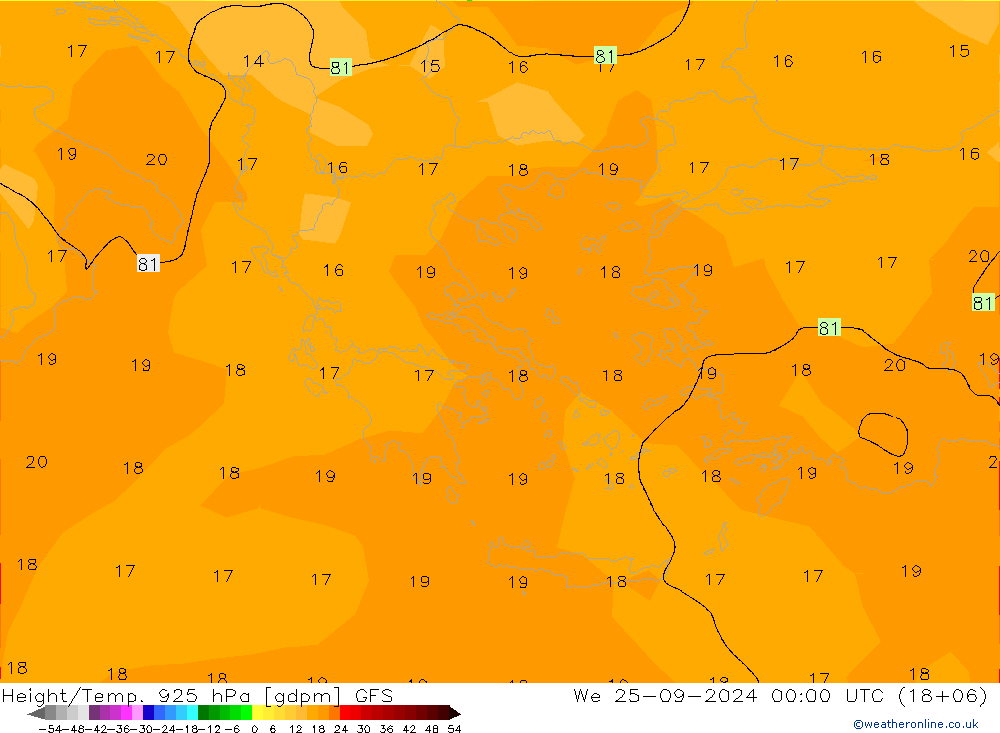 Height/Temp. 925 hPa GFS mer 25.09.2024 00 UTC