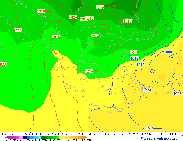 Thck 700-1000 hPa GFS  30.09.2024 12 UTC