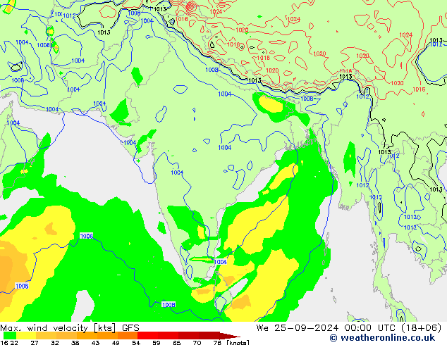 Max. wind velocity GFS śro. 25.09.2024 00 UTC