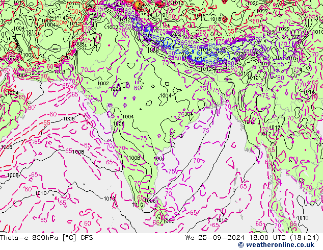 Theta-e 850hPa GFS mer 25.09.2024 18 UTC