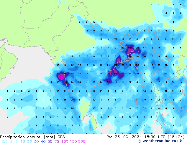 Precipitation accum. GFS We 25.09.2024 18 UTC