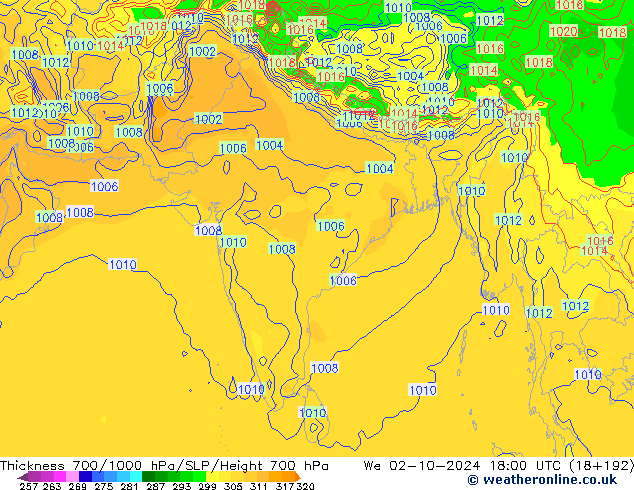 Thck 700-1000 гПа GFS ср 02.10.2024 18 UTC
