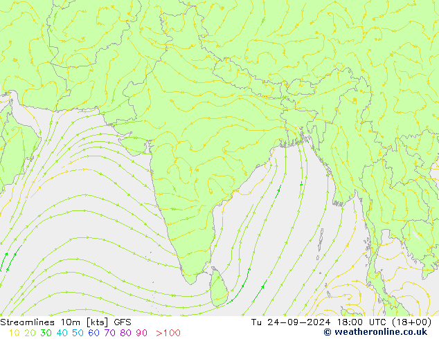 Streamlines 10m GFS Út 24.09.2024 18 UTC