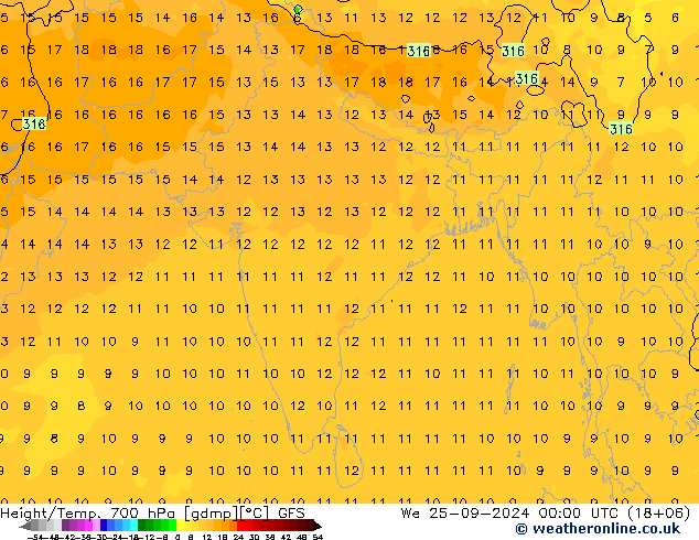 Hoogte/Temp. 700 hPa GFS wo 25.09.2024 00 UTC