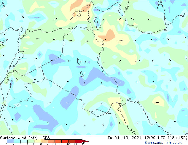 Surface wind (bft) GFS Tu 01.10.2024 12 UTC