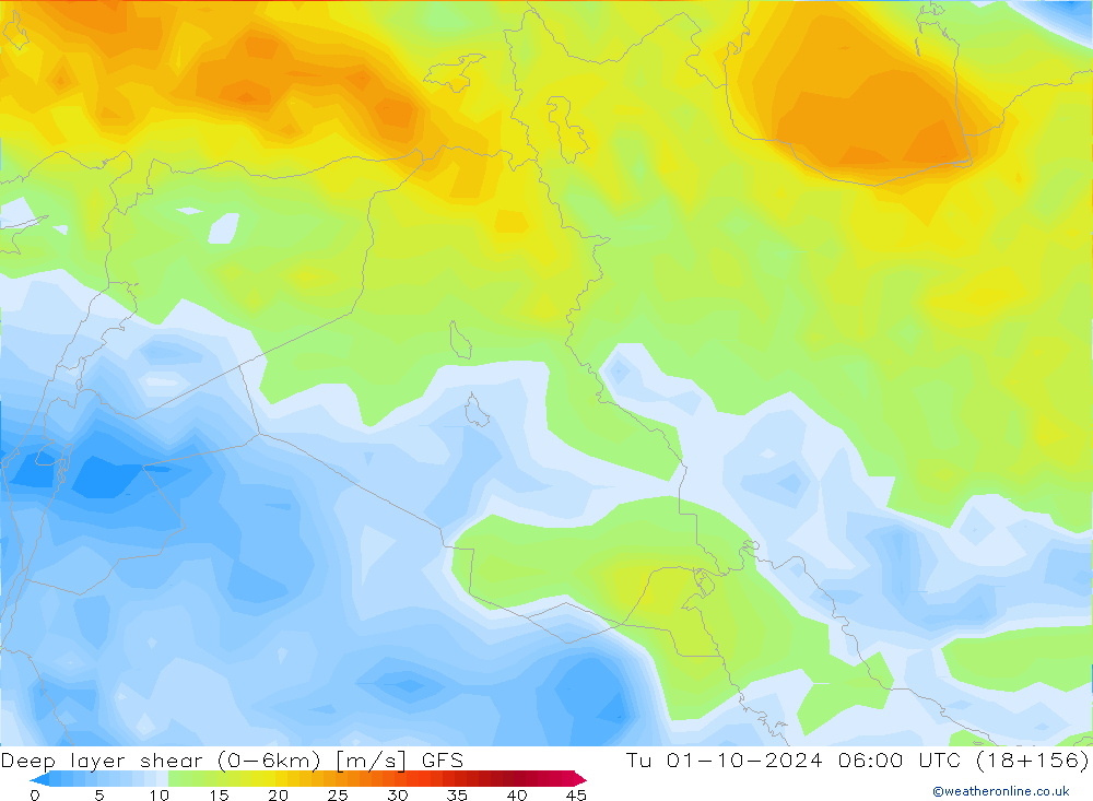 Deep layer shear (0-6km) GFS mar 01.10.2024 06 UTC