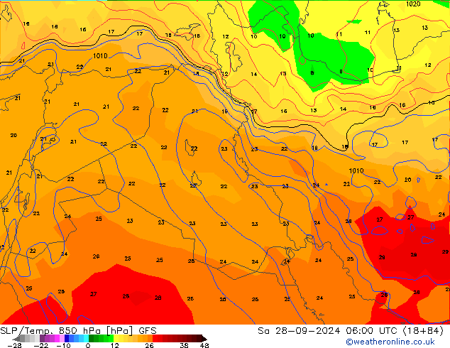 SLP/Temp. 850 hPa GFS Sáb 28.09.2024 06 UTC