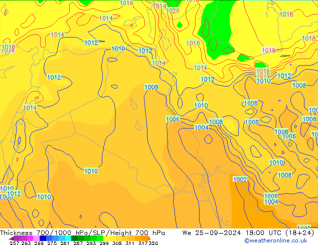 Thck 700-1000 гПа GFS ср 25.09.2024 18 UTC