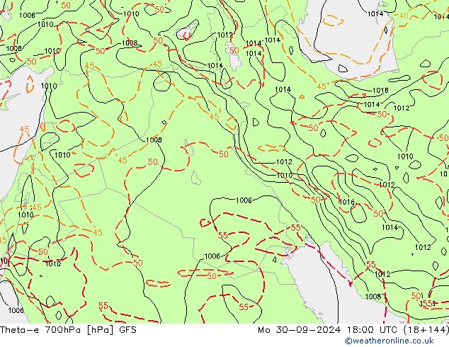 Theta-e 700hPa GFS Mo 30.09.2024 18 UTC