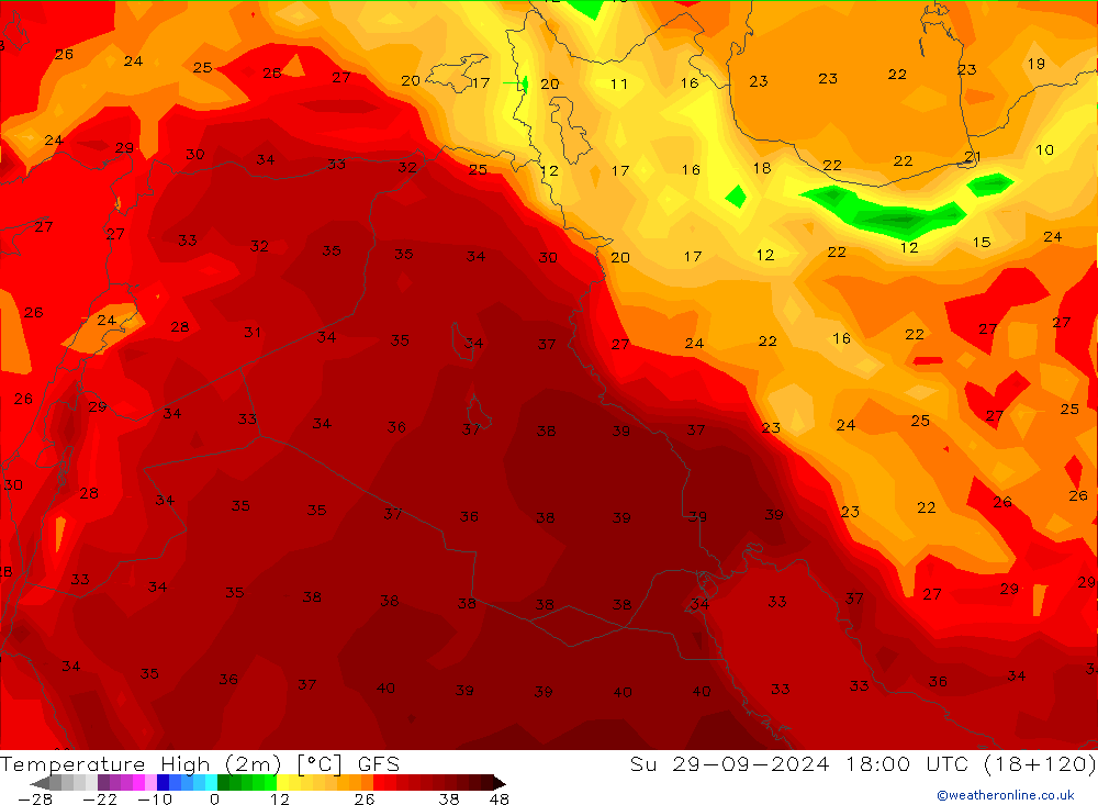 temperatura máx. (2m) GFS Dom 29.09.2024 18 UTC