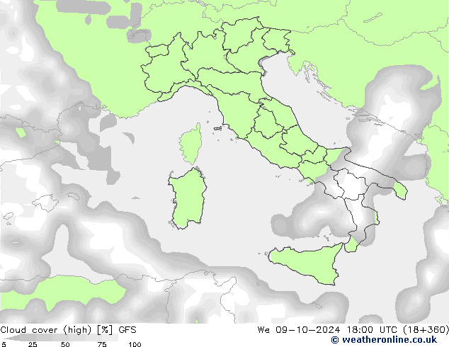 Cloud cover (high) GFS We 09.10.2024 18 UTC