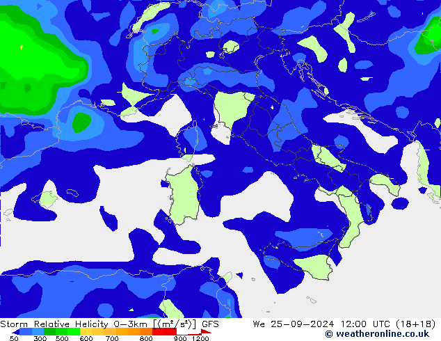 Storm Relative Helicity GFS mer 25.09.2024 12 UTC