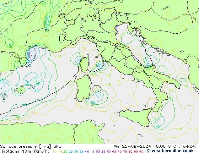 Isotaca (kph) GFS mié 25.09.2024 18 UTC