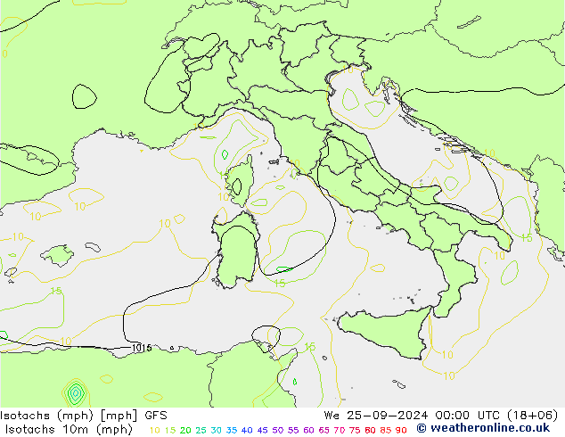 Isotachs (mph) GFS mer 25.09.2024 00 UTC