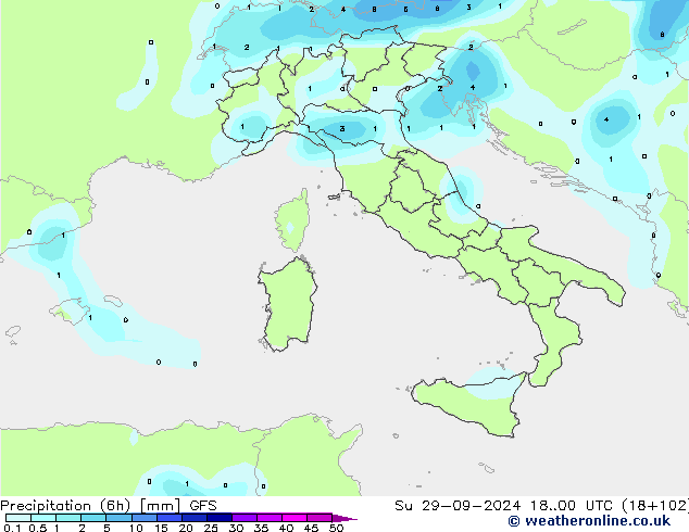 Precipitation (6h) GFS Su 29.09.2024 00 UTC