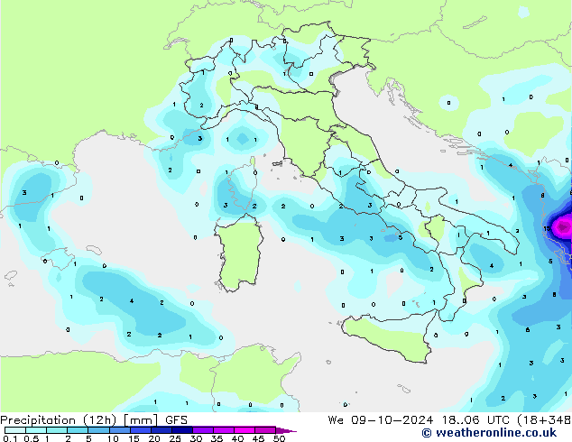 Precipitación (12h) GFS mié 09.10.2024 06 UTC