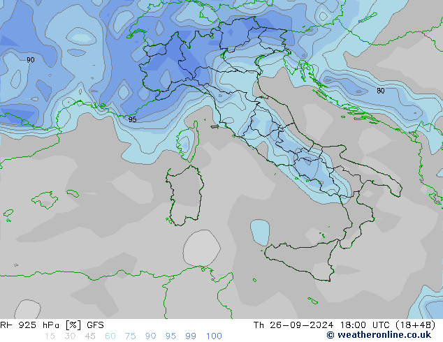 RH 925 hPa GFS czw. 26.09.2024 18 UTC