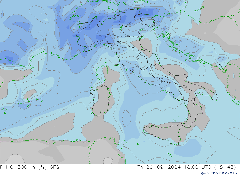 RH 0-300 m GFS  26.09.2024 18 UTC