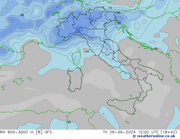 Humedad rel. 600-3000m GFS jue 26.09.2024 12 UTC