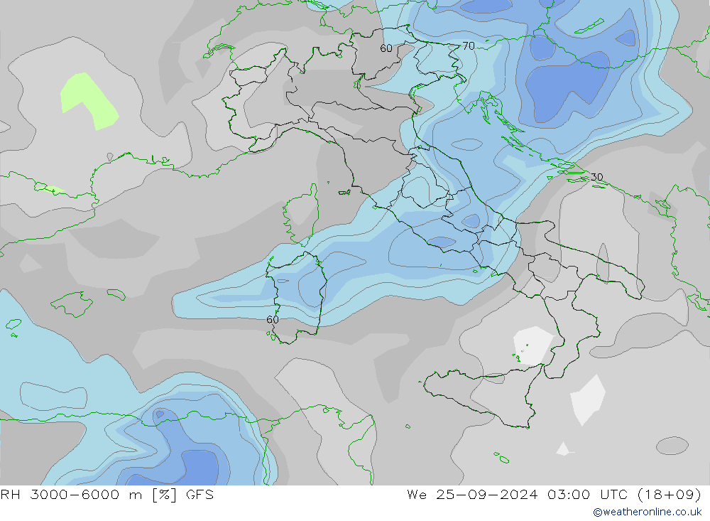 Humidité rel. 3000-6000 m GFS mer 25.09.2024 03 UTC