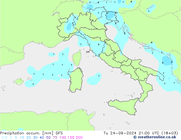 Precipitation accum. GFS Út 24.09.2024 21 UTC