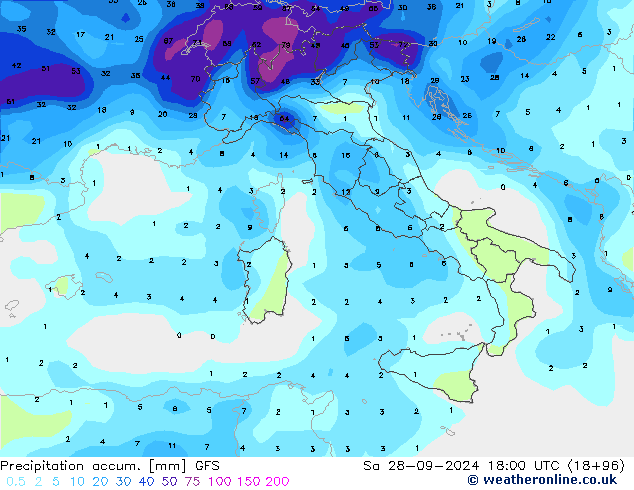 Precipitation accum. GFS sab 28.09.2024 18 UTC