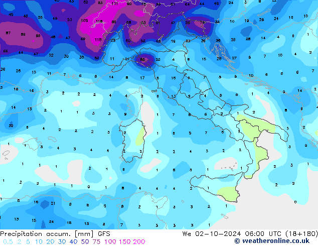 Precipitation accum. GFS mer 02.10.2024 06 UTC