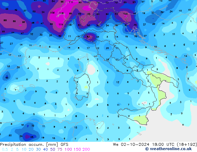 Toplam Yağış GFS Çar 02.10.2024 18 UTC