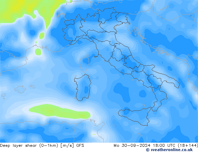 Deep layer shear (0-1km) GFS pon. 30.09.2024 18 UTC