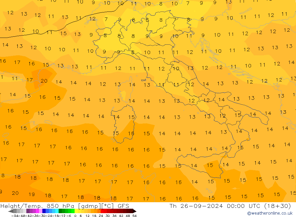 Height/Temp. 850 hPa GFS czw. 26.09.2024 00 UTC