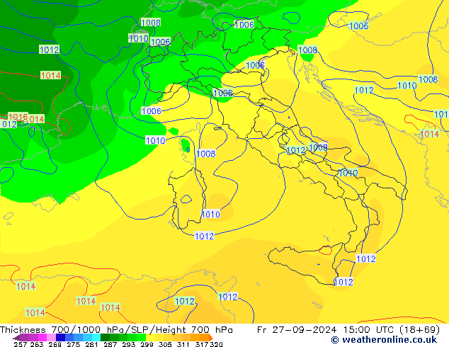 Thck 700-1000 гПа GFS пт 27.09.2024 15 UTC